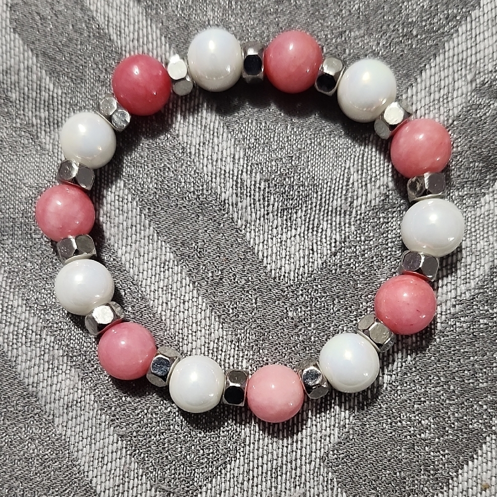 Handmade Pink Quartz and White Beaded Bracelet